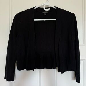 TALBOT’S black, short, open-front sweater with “ruffle” on the back